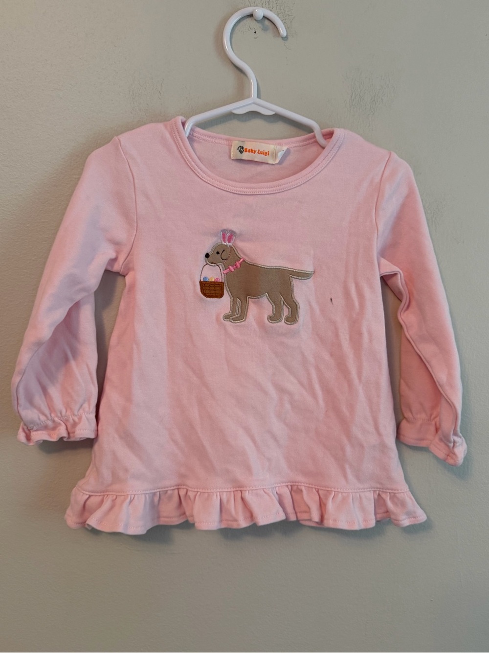 Baby Luigi Pink Puppy Appliqué Ruffle Hem Long-Sleeve Top